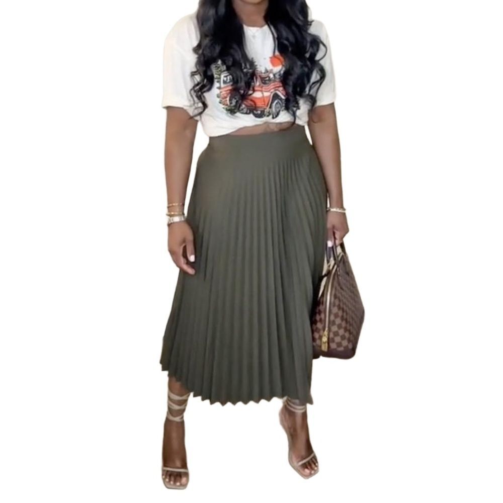 Forgotten Grace Skirt M Midi Pleated Flowy Minimalist Casual Modest Olive Green